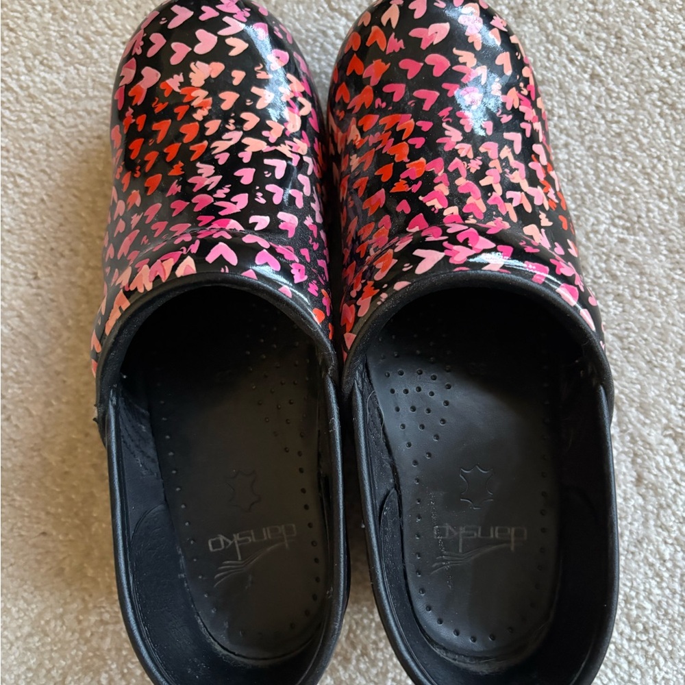 Dansko Black Clogs with Pink and Red Hearts